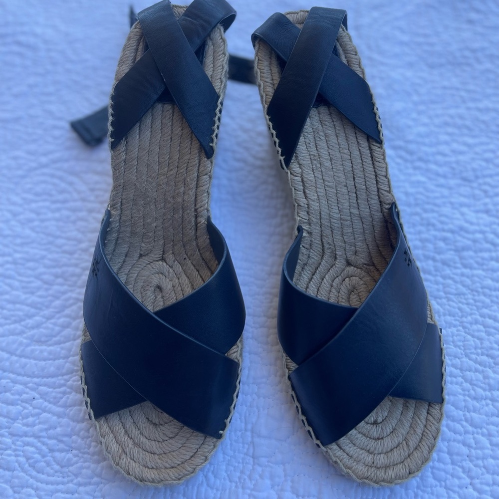 Tory Burch strap wedges. Deep navy blue looks almost black